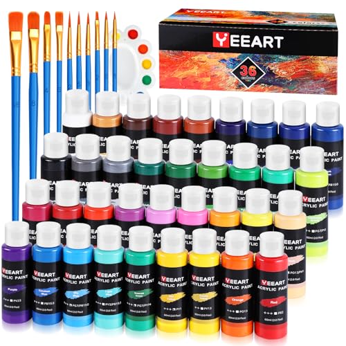 36 Colors Acrylic Paint Set, Yeeart Acrylic Paint, 2oz Bottles, Rich Pigmented Canvas Paint with Extra Metallic Color, Professional Craft Paint Kit, Premium Non-toxic Paints for Artists, Acrylic Paint Set for Adults, Art Supplies for Canvas Painting Rocks