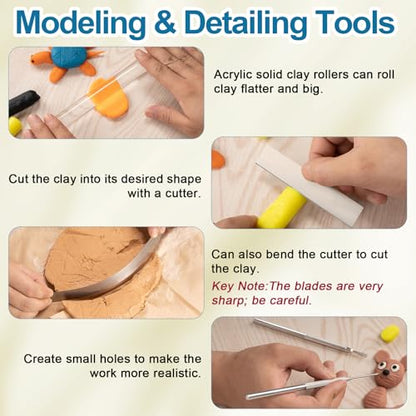 Amrules 12 Pcs Polymer Clay Tools Kit, Acrylic Rollers & Cutters for Adults | Sturdy Carbon Steel & Acrylic, 4 Sheets, 2 Rollers, 4 Cutters with Case & Texture Tools, for Shaping, Carving & Crafts - color: Clear-Board-12Pcs
