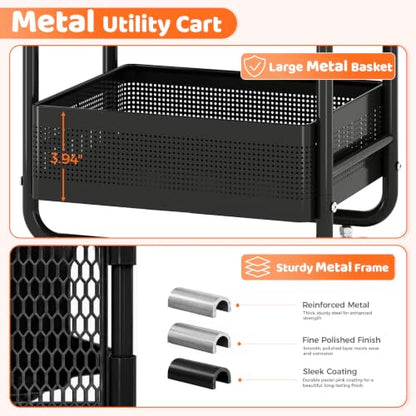 KINGRACK 3 Tier Rolling Cart with Drawer, Metal Utility Storage Cart, Black | 3 Drawers, Pegboard & Wood Tabletop, Lockable Wheels, 4 Hooks & 1 Bin, for Living Room,Bedroom,Craft Room,Office,Kids Room - color: Black