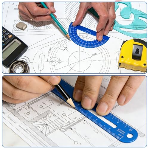 HARFINGTON 4pcs Triangular Ruler Set 15cm/6" Aluminum Alloy Straight Geometric Protractor Triangle Engineering Scale Drafting Ruler Kit Measuring Drawing Tool for Classroom Office Home, Black - color: Black