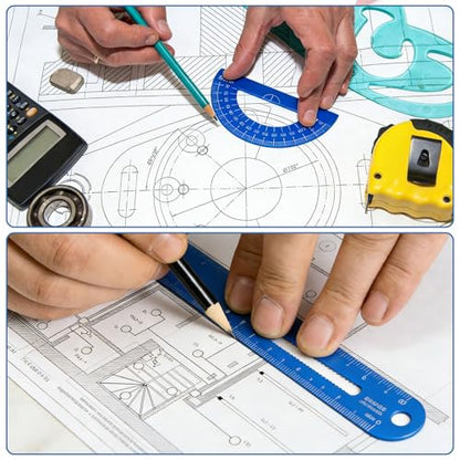 HARFINGTON 4pcs Triangular Ruler Set 15cm/6" Aluminum Alloy Straight Geometric Protractor Triangle Engineering Scale Drafting Ruler Kit Measuring Drawing Tool for Classroom Office Home, Blue - color: Blue