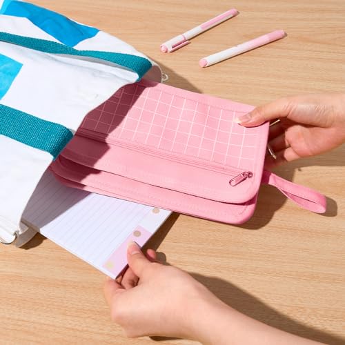 Sooez Large Pencil Case, Pencil Pouch, Pencil Bag, Pencil Box, Pink & Plaid | Ample Storage, Durable Canvas, Smooth Zippers, Portable Handle, Cute Stationery Organizer, Makeup Bag, School Supplies, Girls - color: Pink with Plaid