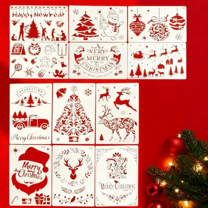 12 Pcs Christmas Snowman Tree Deer Stencils for Painting Stencil Template Merry Christmas Reusable Furniture Cake Decorative Stencils Borders for DIY Wood Craft Canvas Fabric - style: Christmas Theme
