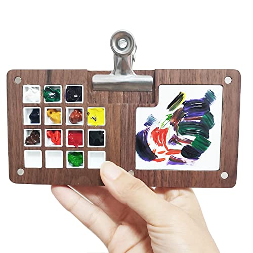 12 Color Grid Paint Box,Portable Sketchbook Palette,Watercolor Paint Palette for Drawing,Travel Paint Case, Gift for Painters Artists,Mixing Tray with a Clip (Wooden) - color: Wooden