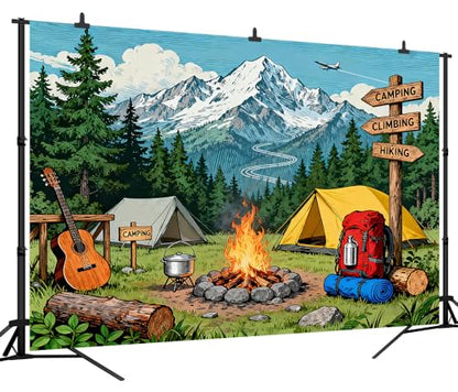 7x5FT Camping Backdrop Pine Tree Camping Equipment Bonfire Directional Sign Background for Outdoor Adventure Travel Holiday Themed Party Decoration Photo Shoot Props Vinyl - size: 7x5FT