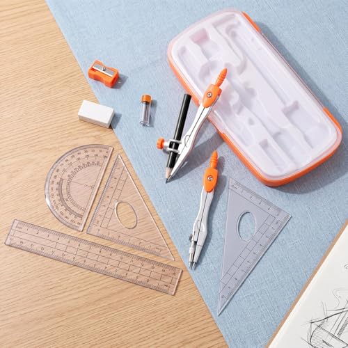 Zonon Math Geometry Set for Students 10 Pcs Compass Geometry Tools Kit Includes Protractor Compass Lead Refills Rulers Pencil Sharpener Eraser Pencil Storage Box for Drafting and Drawings(Orange) - color: Orange