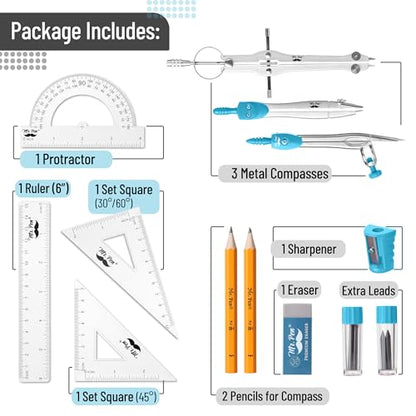 Mr. Pen 13 Piece Geometry Set with Shatterproof Storage Box, Blue | 45° & 30°/60° Set Squares, Pencils, Lead Refills, Sharpener & Eraser for Math, Drafting & Classroom Use - color: Blue