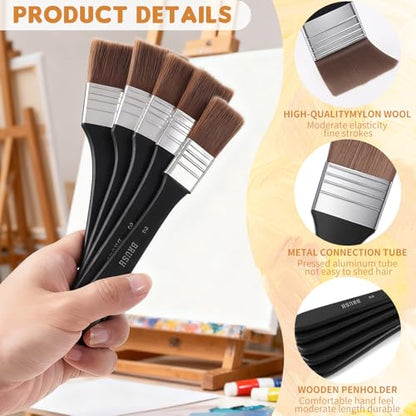 5 Size Wide Flat Paint Brushes, Acrylic Craft, Soft Nylon | Varnish Brush Paintbrush Sets, For Oil Canvas Gesso