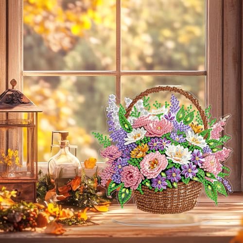 ARPADAMO Tabletop Ornament Diamond Art Kit for Adult Pretty Flower Basket | 5D DIY Special Shaped Crystal Double Sided Rhinestone Stand Diamond Painting Art Kits,Placement Ornament Gift Home Garden - color: DP03972