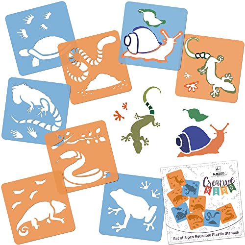 NAKLEO Painting Stencils for Kids, 8 Pcs Set 6x6” Reptiles Amphibians, Children Creative Drawing Templates Plastic and Reusable, DIY Decoration Arts and Crafts, Paper Wall Wood Fabric - color: REPTILES – AMPHIBIANS