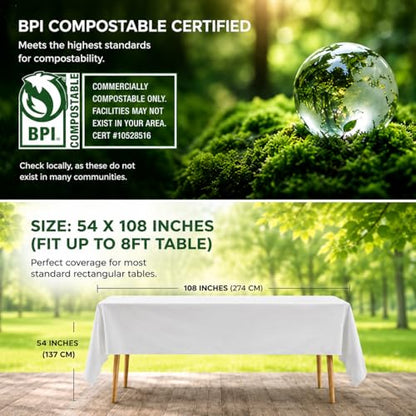 ANECO 100% Compostable Tablecloths for Rectangle Tables (54x108, 3 Count) | White Disposable Rectangular Tablecloth - Anti-Plastic Table Cover for Outdoor, Party, Picnic, Wedding - color: Ceramic White