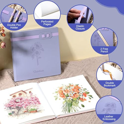 Hardcover Sketchbook for Drawing with 2 Pencil,160 Page Sketch Book,Purple | Acid Free 150GSM Thick Paper,Gift Boxed,Square Leather Art Sketch Pad Drawing Paper Book Artist's Journal for Women Adults - color: Purple