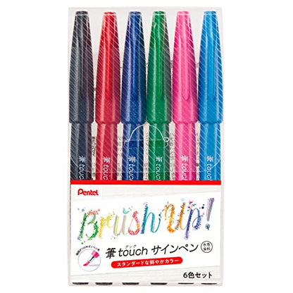 Pentel SES15C-6STA Brush Touch Sign Pen, Set of 6 Colors - color: 6 standard colors
