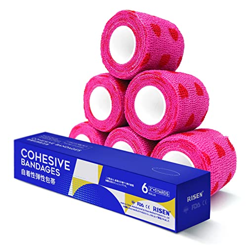 RISEN Cohesive Bandage 2” x 5 Yards, 6 Rolls, Self Adherent Wrap Medical Tape, Adhesive Flexible Breathable First Aid Gauze Ideal for Stretch Athletic - color: Rose Red Heart, size: 6 Count (Pack of 1)