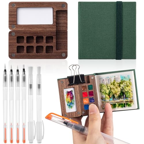 Qilery Mini Portable Watercolor Palette Set Wooden Grid Paint Box Watercolor Paper Sketch Book Brush Pens with Binder Clip for Painters Artist Not Include Paint(Pine Green) - style: Pine Green