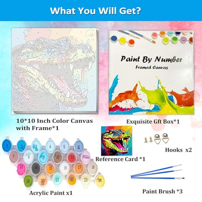 Artunion Framed Paint by Numbers Kit for Adults Beginners & Kids Ages 8-12,Crocodile Paint by Number with Frame,Animal Paint by Numbers Kit on Canvas 10 * 10 Inch Without Easel - color: ZXT-395-F
