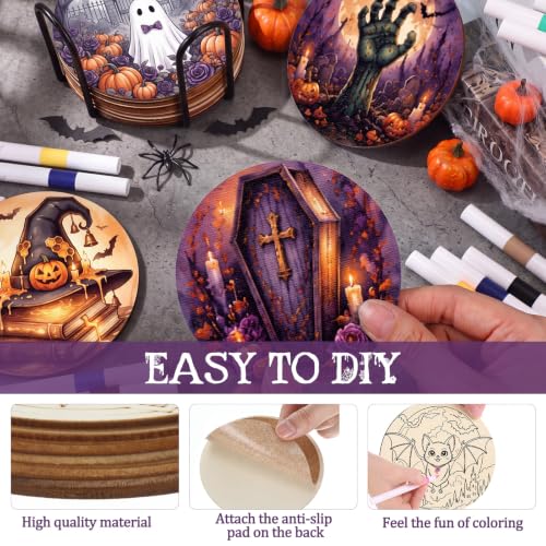 Reallnaive 77 Pcs Halloween Coasters Painting Kit, 20 Set Wooden Drink Coasters 4 Inch with Holder & Markers Boho DIY Crafts for Adults, Women, Hobby, Color Your Own Art Craft Supplies - style: Halloween