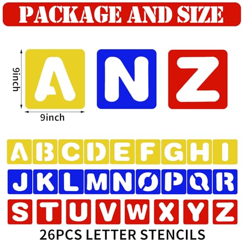 TecUnite 26 Pieces Alphabet Stencils Plastic Learning DIY,9 X 9 Inches | Complete A-Z Letter Stencils for Painting, Reusable Templates for Kids Education, Classroom Teaching, Wall Decor Crafts - size: 9 x 9 Inches