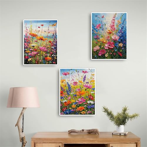 Jiqinsiye 3 Pcs DIY Flower Paint by Numbers for Adults,Wooden Framed Painting by Number Kits on Canvas,Acrylic Color by Numbers for Adult Beginner,Gifts Decor for Home Wall Room (Flower) - color: flower