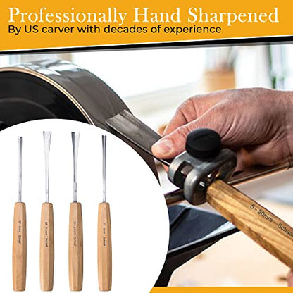 4-pc Wood Chisel Set, Fishtail Gouges, Sharpened | Professionally hand sharpened, detail carving chisels for beginners, sculpture and relief carving, tutorials included - color: Professionally Sharpened 4 Piece Fishtail Set