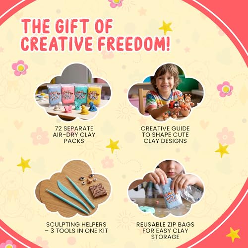 Air Dry Clay for Kids – 72 Colors Soft Modeling Clay Kit, Non-Toxic, DIY Model Art & Crafts Toys with Sculpting Tools, Paintable Craft Kit, Home Party Favors, Birthday Gift for Ages 3+