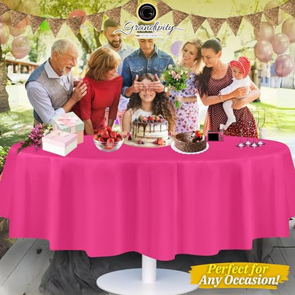 Grandipity Plastic Table Cloth Disposable 12 Pack 84" Round Hot Pink | Plastic table covers, durable disposable tablecloths, fade and tear-resistent table cover for party, event - color: Hot Pink, size: 84in. Round