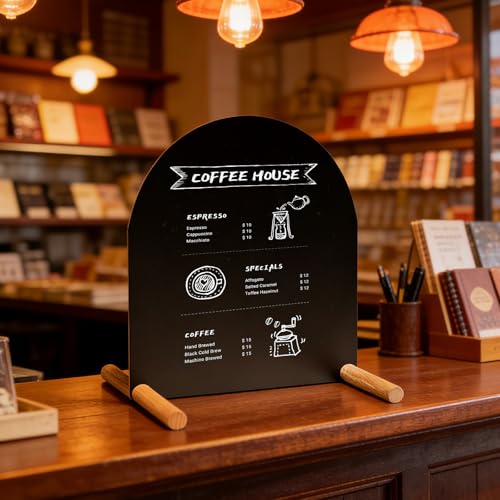 Metal Tabletop Menu Stand with Magnetic Holders and Chalk Writable Surface, Reusable Cafe Display Board with Wooden Base for Restaurant Bakery Retail Counter Menu, Daily Specials and Price Signs - size: A4 Horizontal (13 × 7.9 in)
