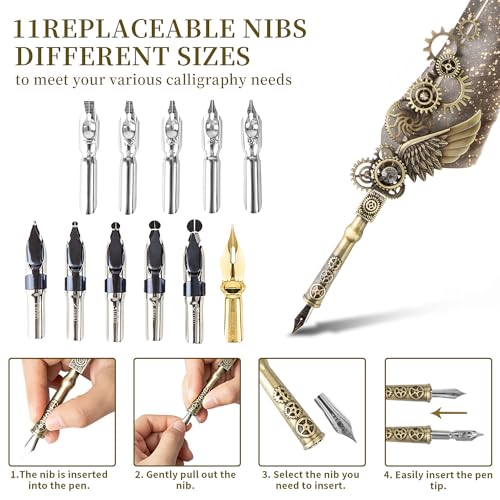 Calligraphy Pens and Ink Set - Calligraphy Kits for Beginners,Quill Pen Includes Dip Pen,8*Colors Ink,11*Calligraphy Pen Nibs（Grey）