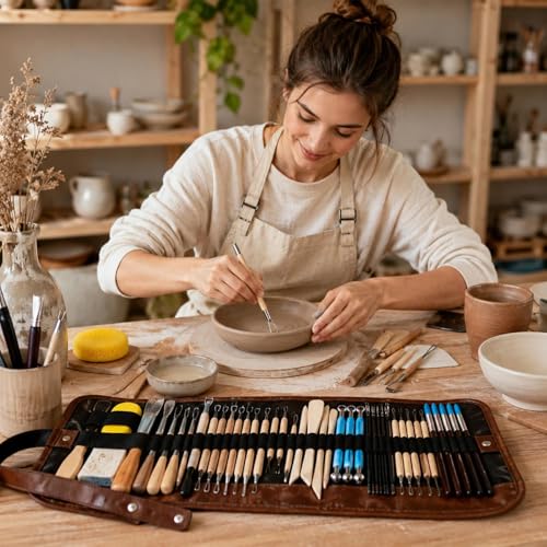 47PCS Pottery Tools Kit, Ceramic Tools, Clay Sculpting Tools | Stainless Steel Tools, Wooden Handles and Silicone Shapers for Sculpting and Carving, Ideal for Beginners and Artists
