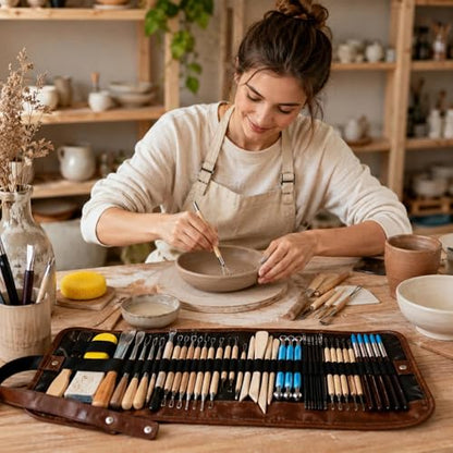 47PCS Pottery Tools Kit, Ceramic Tools, Clay Sculpting Tools | Stainless Steel Tools, Wooden Handles and Silicone Shapers for Sculpting and Carving, Ideal for Beginners and Artists