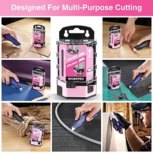 WORKPRO 100-Pack Utility Knife Blades | Utility Blades Replacement with Dispenser, SK5 Carbon Steel - Pink Ribbon - style: SK5(pink)