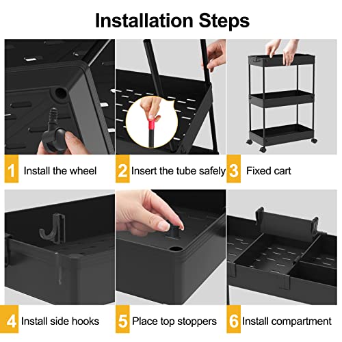 SPACELEAD 3 Tier Rolling Cart with Wheels, Storage Craft Art Trolley Organizer Serving, 3 Hanging Baskets Easy Assembly, for Office, Bathroom，Living Room, Kitchen, Black - color: Black