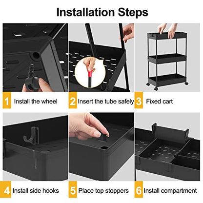 SPACELEAD 3 Tier Rolling Cart with Wheels, Storage Craft Art Trolley Organizer Serving, 3 Hanging Baskets Easy Assembly, for Office, Bathroom，Living Room, Kitchen, Black - color: Black