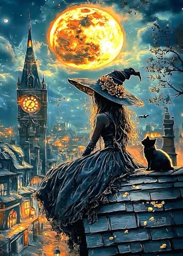 Halloween Witch Cat Moon Diamond Art Kits for Adults, 5D Diamond Painting Kits for Adults Beginners, DIY Full Round Drill Diamond Dot Painting Gem Art Kits for Adult, Home Wall Decor 11.8x15.7 Inch - color: NZ63
