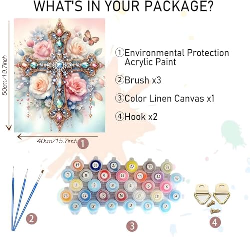 MBNTJHT DIY Cross Paint by Numbers Kit on Canvas for Adults,Easy Flowers Cross Paint by Number Kits for Beginners,Digital Oil Painting Kits for Home Wall Decor 16X20 Inch. - color: MT20657