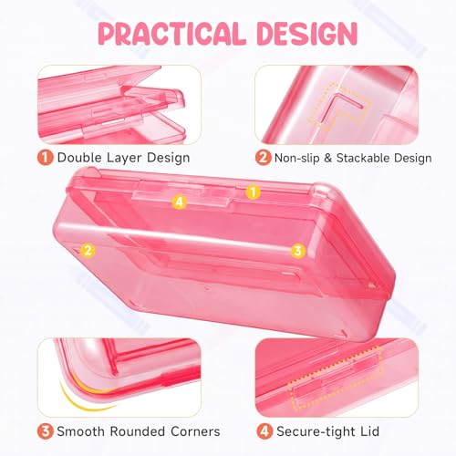 GAMENOTE Plastic Pencil Box with Personalized Sticker,Kid Hard Pencil Case with Snap-tight Lid,Small Art Craft Storage Containers,School Supplies Box for Boys,Girls (Double-Layer Pink) - color: Double-Layer Pink