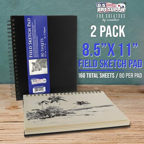 U.S. Art Supply 8.5" x 11" Premium Hardbound Sketch Book, 2 Pack, 80 Sheets Each, 70 lb (110gsm) - Hardcover Spiral Bound Artist Field, Small Sketch Pad, Acid-Free Drawing Pad - Adults, Students - size: 8.5-x-11-inch