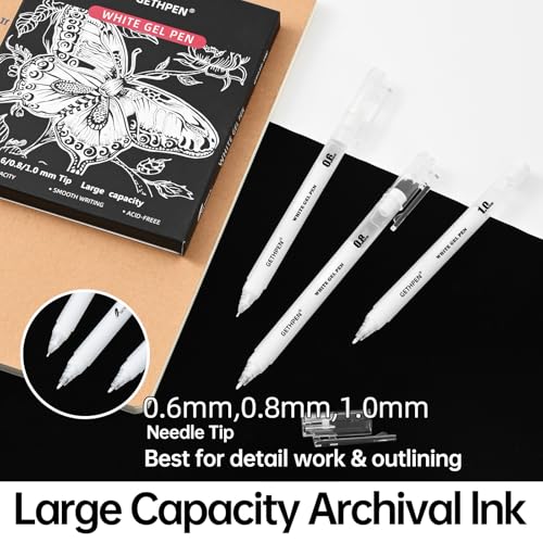 GETHPEN 9 Pack White Gel Pens, 0.6/0.8/1.0mm Fine Opaque Archival Ink Pens - size: 1 Count (Pack of 9), style: 9 Pack White