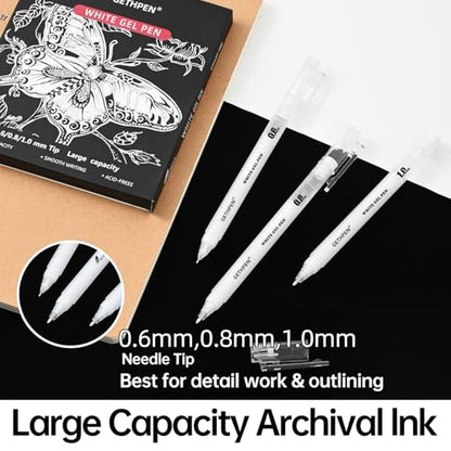 GETHPEN 9 Pack White Gel Pens, 0.6/0.8/1.0mm Fine Opaque Archival Ink Pens - size: 1 Count (Pack of 9), style: 9 Pack White