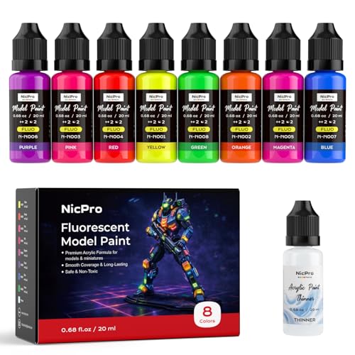 Nicpro 8 Colors Fluorescent Model Paint Set, 20ml Ready to Use - style: Fluorescent & Neon