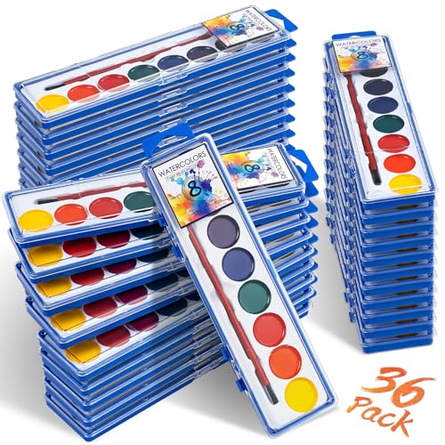 36 Pack Watercolor Paint Set, Washable Water Color Paint Bulk for Kids | Water Paint with Brushes, Ideal Gifts for Party Favors, School Supplies & Classroom Prizes, Art Activities, 8 Colors