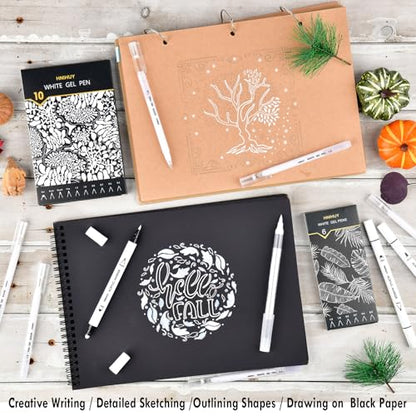 White Pens Set, White Gel Pens, Dual-Tip Acrylic Paint Pen | 6 Size Opaque Gel Ink Pen Brush Tip Acrylic Markers for Drawing, Sketching, Illustration, Card Making, Bullet Journaling - size: 10