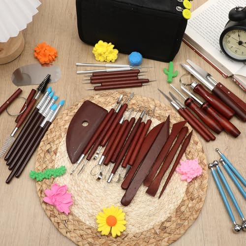 42 Pcs Pottery Tools Pottery Sculpting Tool, Potterys Kit, Clay Sculpting Tools, Ceramics Tool Set with Carrying Case Bag and Apron, for Potterys Wheel, DIY Arts and Crafts - color: Reddish-brown