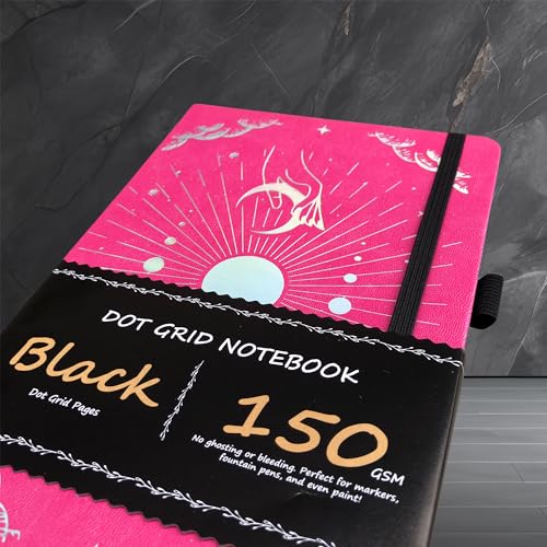BUKE Dotted Journal - 150gsm Black Paper - 5 * 5mm DOT GRID Layout 160 Pages - A5 Size PU Leather Hardcover Drawing Sketch Notebook (Rose Red) - color: Rose Red