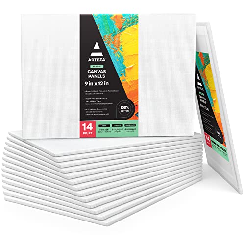 ARTEZA Canvas Boards for Painting, 9 x 12 Inches, Pack of 14, Blank White Canvas Panels for Acrylic, Oil and Gouache Painting - size: 9 x 12 (Pack of 14)