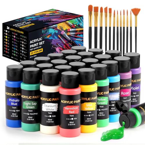 TMOL Acrylic Paint Set, 24 Colors (2 oz/Bottle) with 12 Art Brushes, Art Supplies for Painting Canvas, Wood, Ceramic & Fabric, Rich Pigments Lasting Quality for Beginners, Students & Professional Artist - style: 24 Colors Acrylic Paint 2 fl oz/60 ml