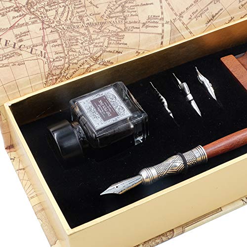 Antique Wooden Stem Pen Handcrafted Calligraphy Pen Set Dip Nib Pens-Writing Case With Black Ink Pen Wooden Holder Cartridges LL-184
