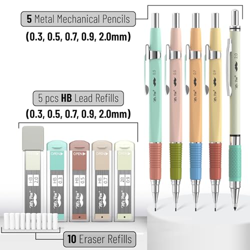 Mr. Pen- Art Mechanical Pencil Set, 5 Metal Mechanical Pencils (0.3, 0.5 | 0.7, 0.9, 2.0mm), 5 HB Lead Refills & 10 Eraser Refills, Precision Drawing Pencils for Sketching, Writing & Technical Artwork - color: Pastel 2