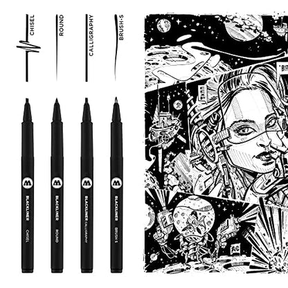 Molotow Blackliner Pen 4-Pen Set 3 - Calligraphy, Chisel, Brush S & Round Tips, 1 Set Each - style: Matte Textured Barrel with Chisel, Round, Calligraphy, and Brush S Tips