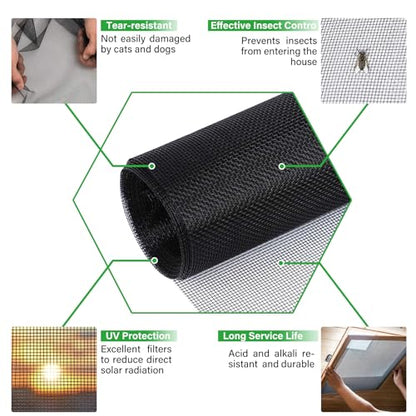 Window Screen Replacement Kit 32 Inch X 66 Feet Durable High Hardness Nanofibers Roll Screen Mesh Window Screen Repair Kit Black for Any Door and Window - size: 32 Inch×66 Feet